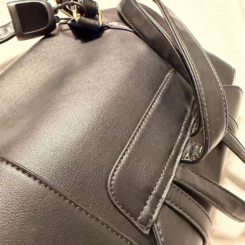 Classic Black Faux Leather Backpack with Gold Accents